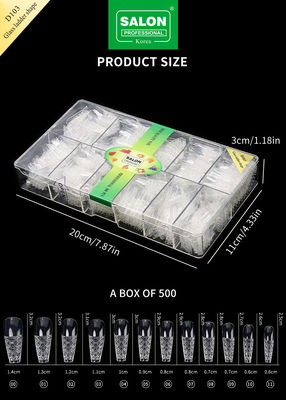 500PCS 梯形形 ネイルヒントセット 収納用箱付き 彫刻ガラス 偽ネイル アクリルネイルアートキット サロン用